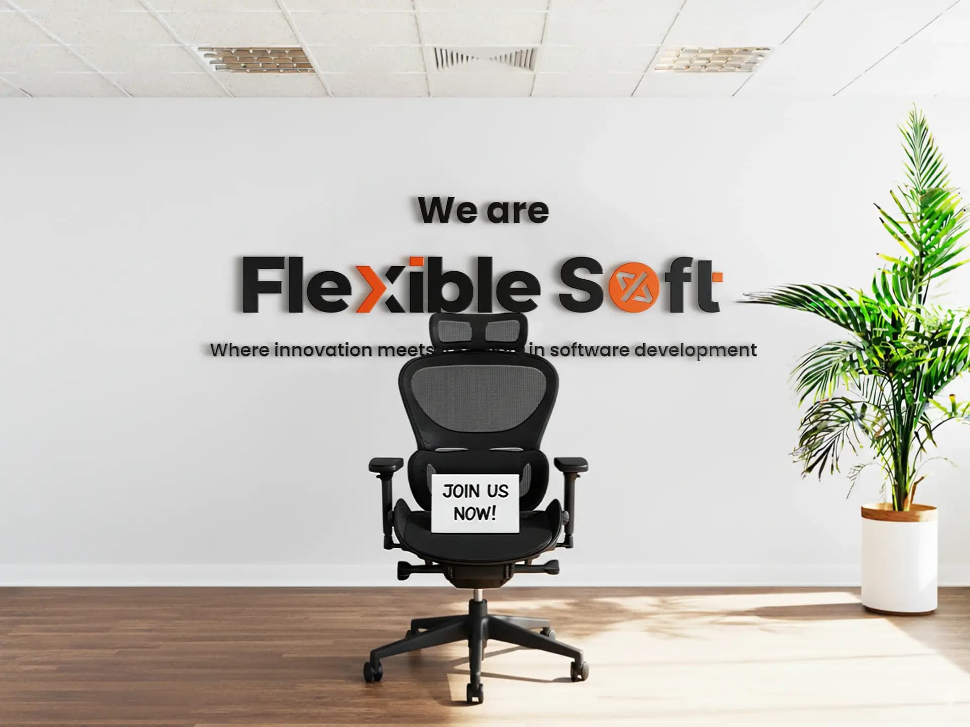 Background image showing Flexible Soft team and workspace